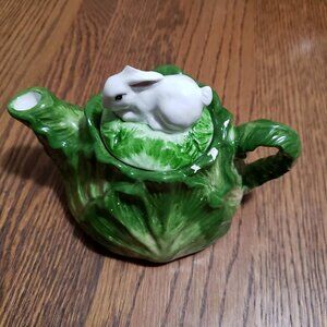 Embossed White Bunny Tea for One TEAPOT ONLY Cabbage Trim Spring Easter Baby